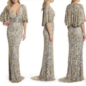 Mac Duggal Platinum Gold Cape Evening Gown Capelet Floral Leaf Embellishment